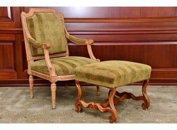 Custom Upholstered Louis XV French Walnut Chair And Ottoman