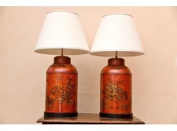 A Pair Of Red Tea Canister Lamp Base Lamps With Shade