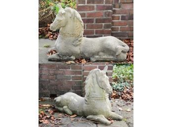 Amazing Pair Of Antique Stone Horse Sculptures 32 Inches Long