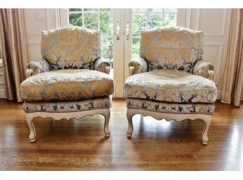 A Matching Pair Of Elegant Silk And Velvet Covered Oversized Side Chairs By J Robert Scott