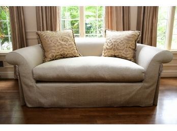 Elegant J Robert Scott Custom Upholstered Sofa With Silk Throw Pillow