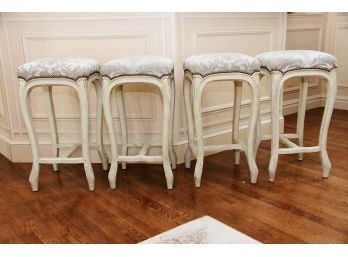 Antique French Oak Counter Stools With Nailhead Trim And Custom Upholstered