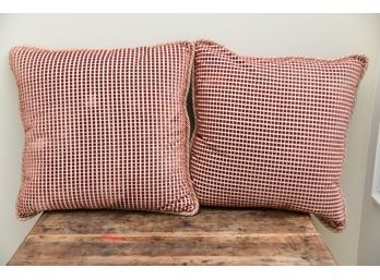 Matching Pair Of Custom Upholstered Checked Pillows With Custom Piping