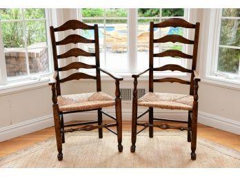 Pair Of Antique Ladder Back English Rush Set Arm Chairs