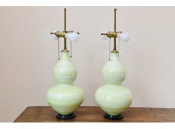 Pair Of Lime Green Swirl Glazed Table Lamps