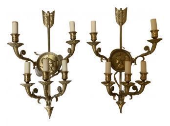 Louis XVI French Empire Arrow Brass Wall Sconces With Center Medallion