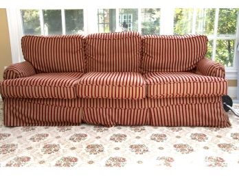Three Seat Red & Brown Striped Slip Cover Sofa