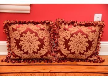 A Pair Of Red Lotus Flower Fringed Throw Pillows