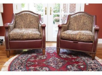 Custom Paisley Upholstered Down Filled Leather Side Chairs
