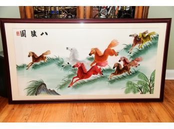 Large Silk Thread Embroidered 8 Galloping Horse Good Fortune Framed Art