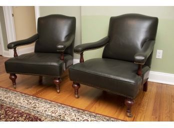 Pair Of Black Leather Nailhead Trimmed Arm Chairs On Wheels