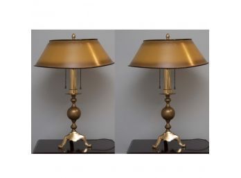 Pair Of Brass Pull Chain Lamps With Tin Shades