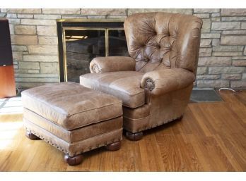 Tufted Leather Reclining Arm Chair With Nail Head Trim & Matching Ottoman