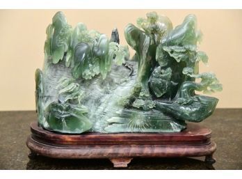 High Grade Solid Jade Custom Carving Landscape Sculpture Featuring Mountains & Trees