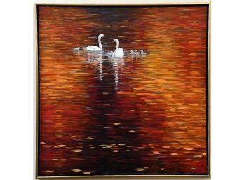Swan & Goslings On The Lake Original Artwork By Zusheng Yu