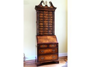 Maitland Smith Attributed Burled Walnut Drop Front Secretary Desk With Apothecary Drawers