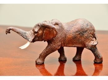 Carved African Wood Elephant With Bone Tusks