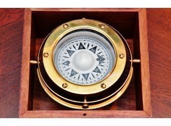 Brass Ships Compass In Wooden Display Box