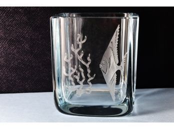 Vintage Strombergshyttan Sweden Etched Art Glass Angel Fish Vase