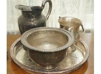 Lot Of Silver Platted Dishes, Bowls, And Pitchers