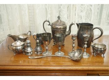 Lot Of Silver Plated Dining Ware Including Cups, Pitchers, And Salt Shakers