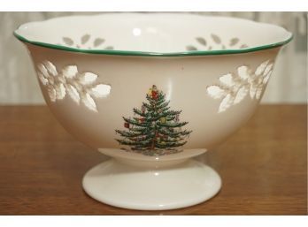 Vintage Spode Pierced Footed Compote Bowl Christmas Tree And Green Trim