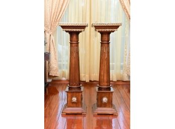 A Pair Of Antique Fruitwood Marble Top Pedestals