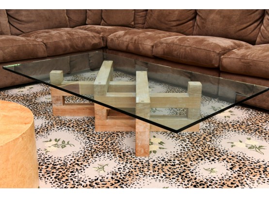 A MCM Cross Stacked Timber Base Coffee Table With Beveled Glass Top