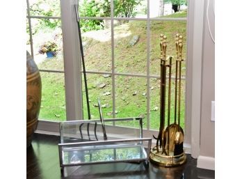 MCM Lucite Log Holder With Brass Fireplace Tools