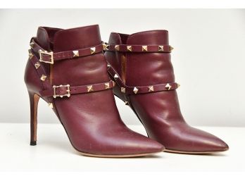 Valentino Rockstud Wine Studded Harness  Ankle Boots  Size 38.5