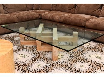 A MCM Cross Stacked Timber Base Coffee Table With Beveled Glass Top