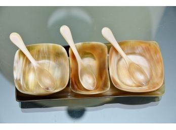 Natural Horn Spice Dish Set With Tray And Spoons