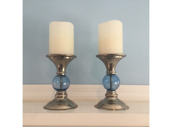 Pair Of Silver-tone & Blue Candlesticks With Flameless Candles