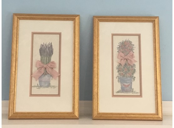 Pair Of Mary Hughes Hand Water Colors Framed Prints