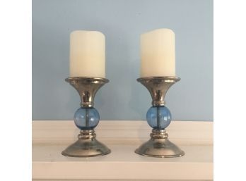 Pair Of Silver-tone & Blue Candlesticks With Flameless Candles