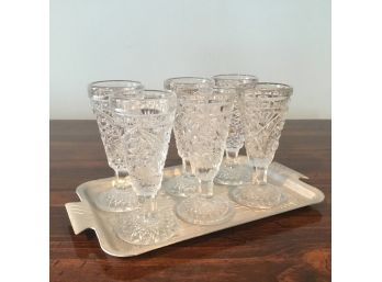 Six Cut Crystal Cordial Glasses On Tray