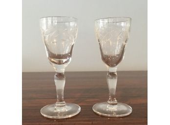 Pair Of Etched Cordial Glasses