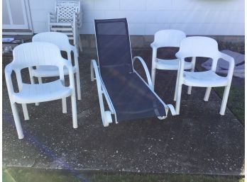 White Plastic Stacking Chairs & Blue Lounge Chair