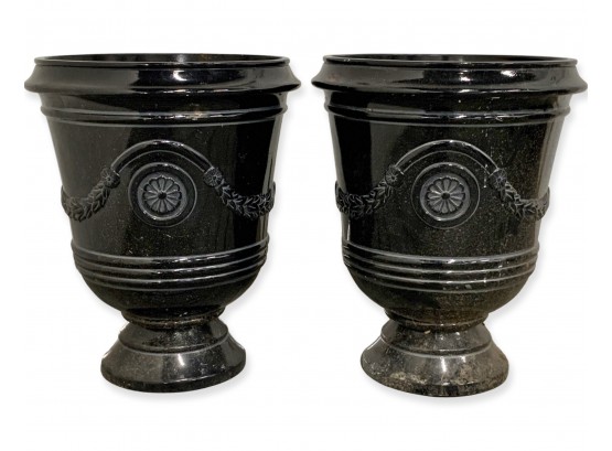 A Pair Of Black Cast Resin Urn Planters 14.5 X 19
