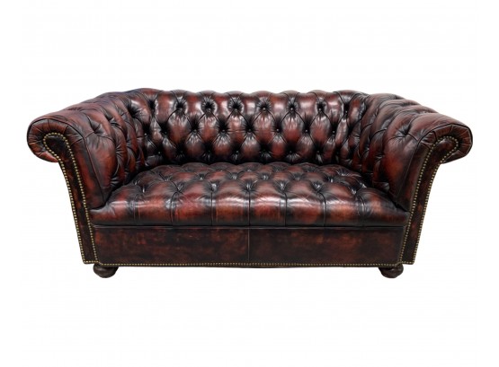 Oxblood Burgundy Red Leather Button Tufted Chesterfield Sofa