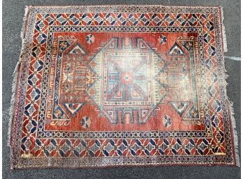 Hand Knotted Persian Carpet With Wear And Damage