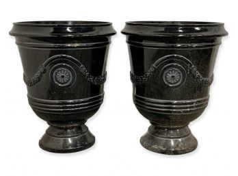 A Pair Of Black Cast Resin Urn Planters 14.5 X 19