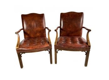 A Pair Of Leather Arm Nailhead Trim Side Chairs