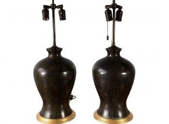 A Matching Pair Of Brown Swirl Glaze Pull Chain Table Lamps