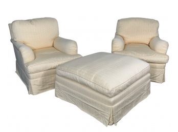 Pair Of Custom Upholstered Cream Colored Oversized Chairs With Coordination Ottoman