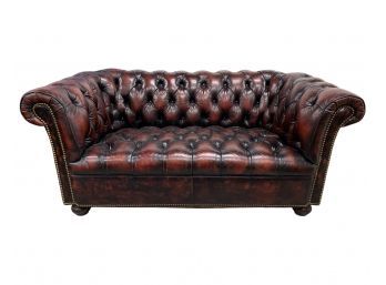 Oxblood Burgundy Red Leather Button Tufted Chesterfield Sofa