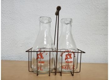 Vintage Hickory Hill Milk Bottles And Holder