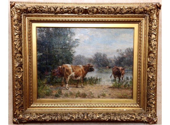 Charles Franklin Pierce (1844 - 1920) Original Oil On Canvas Cows Grazing