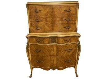 Antique French Marquetry Highboy Dresser With Custom Glass Top