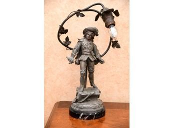 Antique French Spelter Musketeer Lamp On Marble Base
